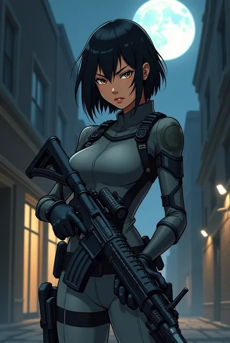 I want a beautiful female vigilante. Shes Navajo and has short black hair, tan-bronze skin, and amber eyes. I want her to be dressed in a gray tactical suit with a black armored adjacents, a black metallic muzzle covering her mouth, black gloves, gun holst...