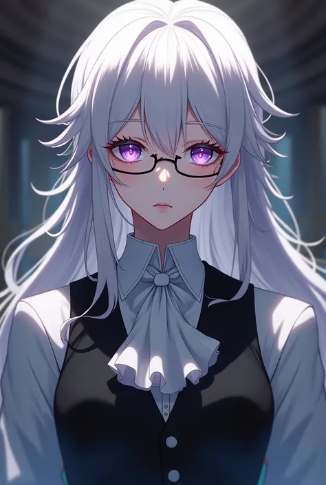 Anime vampire Boy long white hair, light purple eyes, Glasses and Victorian butler uniform,