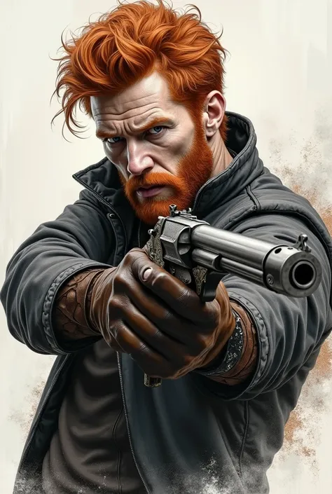 red-haired man with a Victorian pistol and wearing leather gloves in drawing style