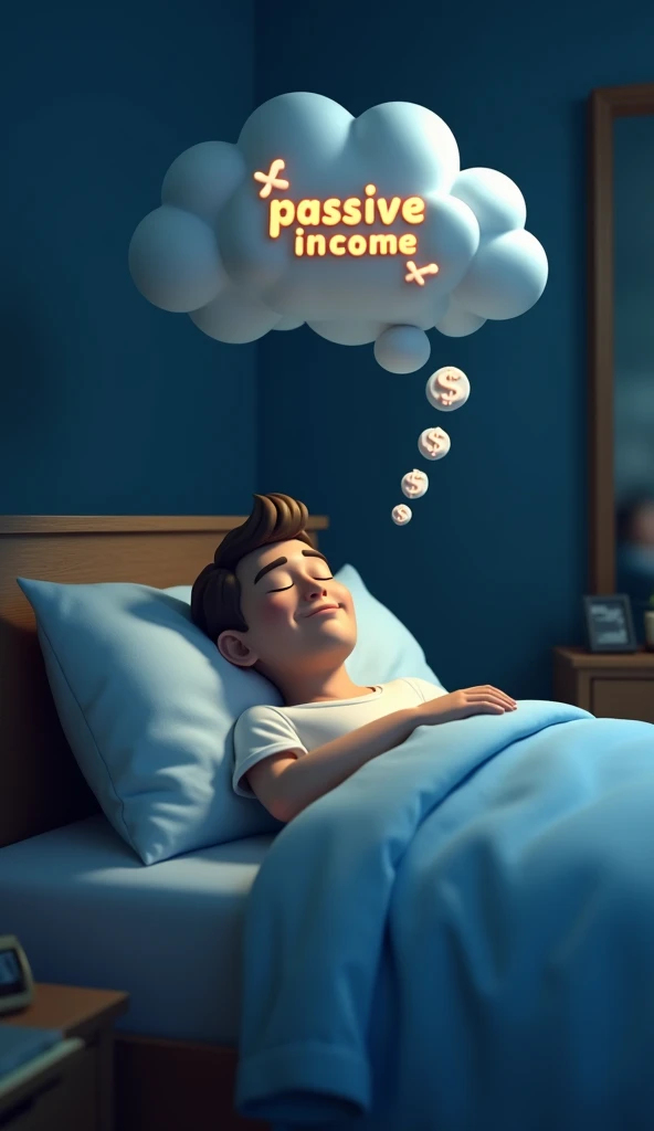 3d  art style of a man sleeping in bed at night with bubble saying “Passive Income” with dollar signs flowing out