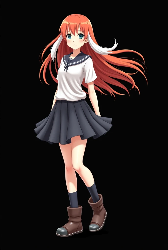 Character created by manga artist Masashi Kishimoto, Creator and author of the anime  "Naruto Shippuden"  standing, full-bodied girl named Mai Yamamoto  ( FOURTEEN YEARS)  straight fire-colored hair with two white locks highlighted on the front. The hair f...