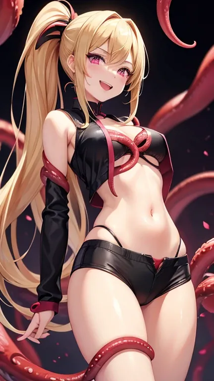  best quality,Super detailed,One adult beauty,Knee-high,Pink eyes,Blonde in a ponytail, shiny red black tentacles , underpants visible through low-rise hotpants, malicious adult smile ,Seductive tummy , entangled red-black tentacles , dim background full o...