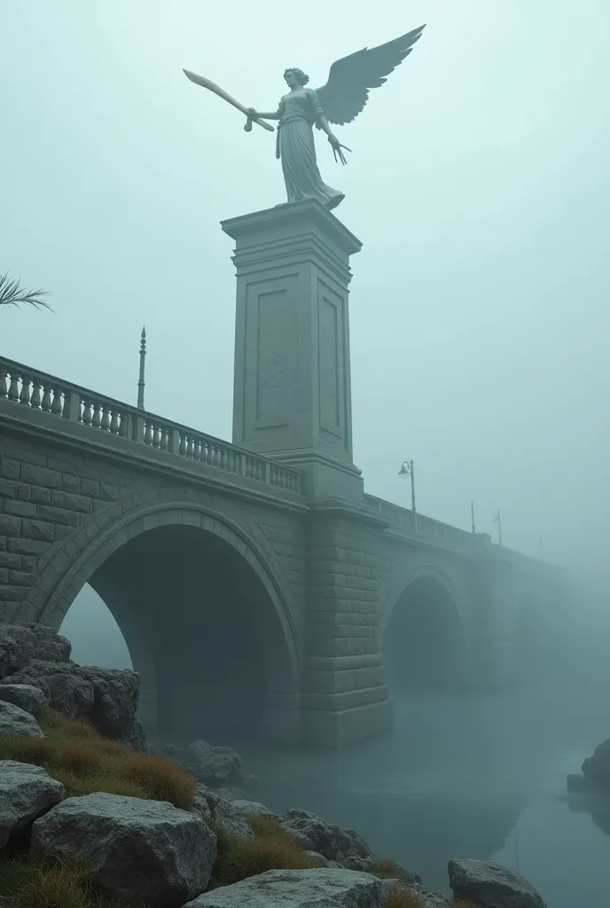 ((masterpiece, highest quality, Highest image quality, High resolution, photorealistic, Raw photo, Extremely detailed CG unified 8k wallpaper)), An ancient bridge in the mist. A large stone bridge built in ancient Greece. Atop a huge stone pillar, a statue of an angel holding a horn watches over travelers,