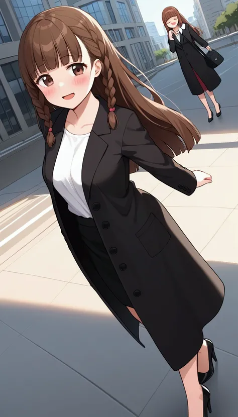 { best quality], [Very beautiful], [Ultra fine], [Best illustration],sauce_anime,stand,Brown Hair,hime cut,Long Hair,Braids,Excited face,Cutesy,Beautiful breasts, slender, make you blush, woman closing her eyes getting sleepy,Close your eyes,Close your eye...