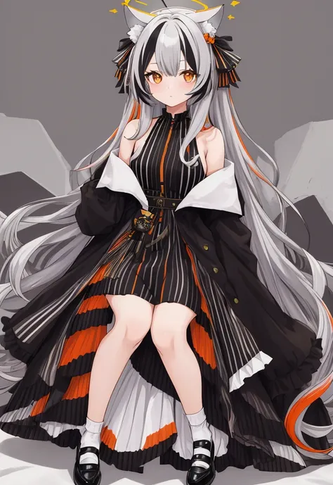 (masterpiece,  better quality),  1girl, cocoons,  Long hair ,  orange eyes ,  grey hair, bang,  multicolored hair , striped hair , animal ears, halo, black dress, Striped dress, vertical-Striped dress,  pelvic curtain , white skirt, black jacket,  long sle...