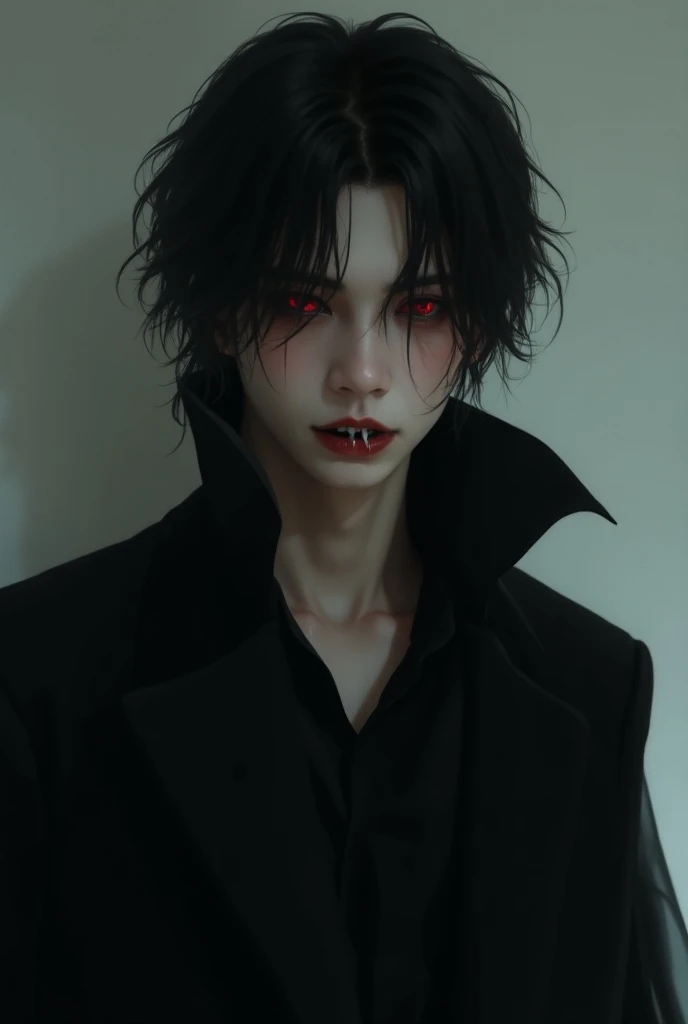 Black-haired Japanese man with fangs wearing black dress