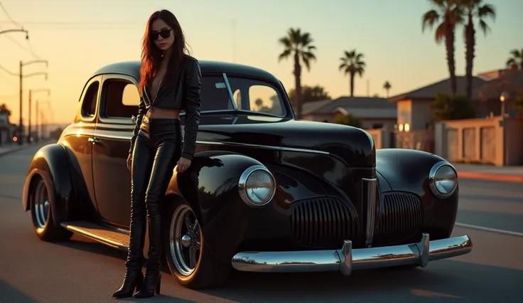 realistic photo, woman standing next to rat rod , wearing black shinny pvc jumpsuit shiny pvc jacket , wearing black shinny pvc thigh high boots , shinny pvc long gloves , sunglassses , in californian street at dusk