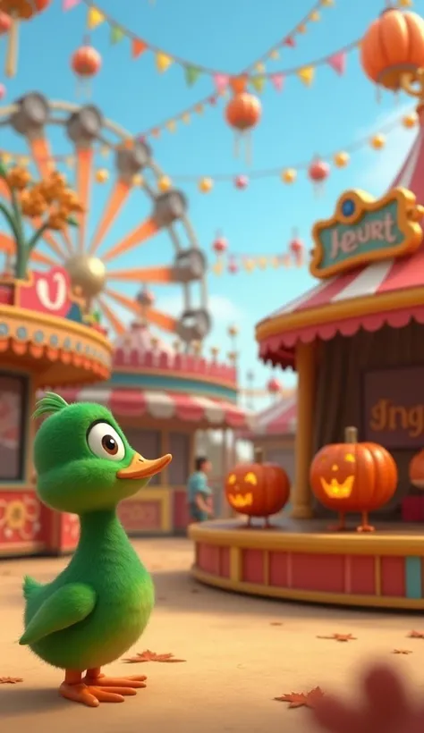   Make me a little green duck character is watching a pumpkin character concert at a funfair . ukuran gambar 9:16 pixar style 3d  