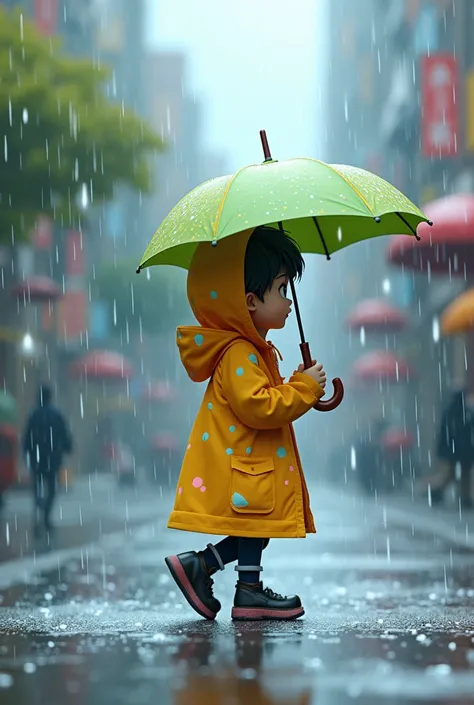 Water particle fall8ng as rain with rain coat and umbrella cartoon 