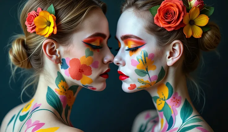  Two Completely Naked Women with 90 Bodies% painted with paint , bodyart paint, colorful, Hyperreal , close body, Full body, Botanical ART  