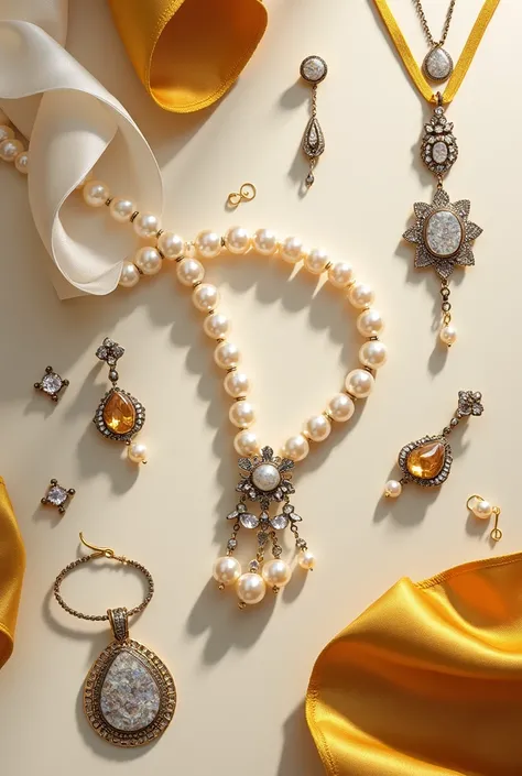  an image to present the costume jewelry catalog that is without people and contains mustard, pearls, threads, KNOWLEDGE, among others for the company GERIS 