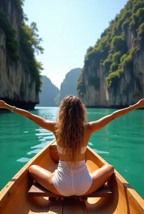 The image features a beautiful woman with long curly hair sitting cross-legged and spreading her arms wide in a small wooden boat, exuding a sense of joy and freedom. She is surrounded by a breathtaking natural setting with emerald-green waters and rugged ...