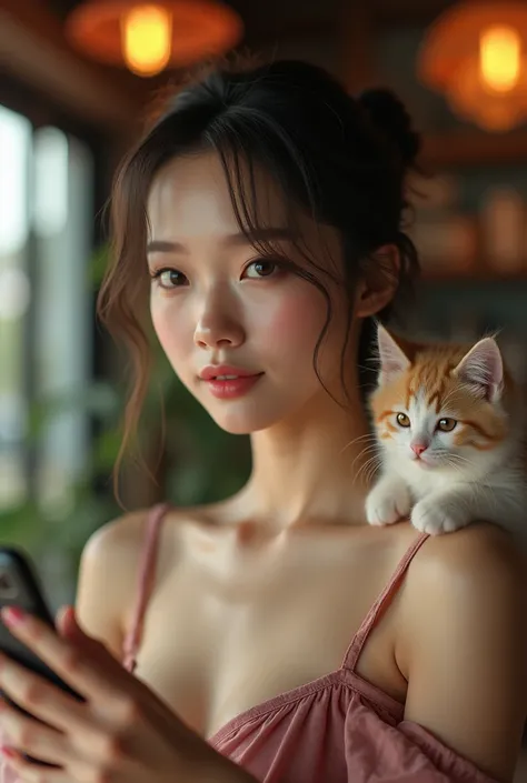 "Realistic movie shot, Chinese young beauty with a
delicate face and exquisite makeup, wearing a
casual yet slightly more revealing and sexy
off-shoulder outfit. The models top is designed to
highlight her curves subtly, with a hint of elegance
and sensual...