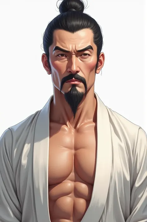 illustrates a 50-year-old man wearing a white kimono, bare-chested, with a moustache and beard