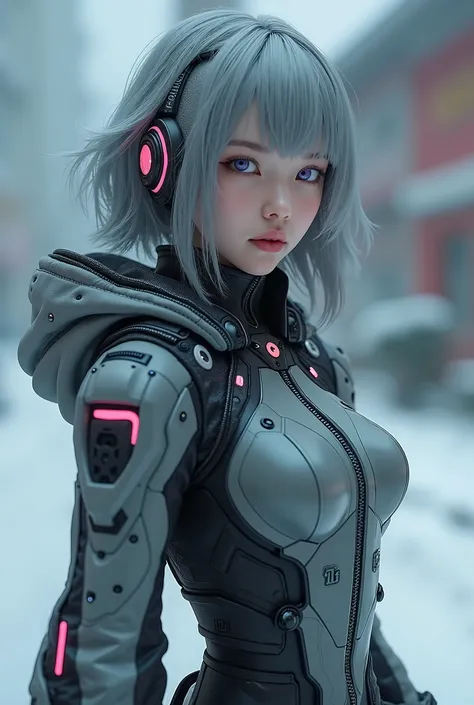 masterpiece, (Photorealsitic:1.4), Raw photo, Cyborg, winterwear, ash hair, winters day, 1 Cyborg Girl, ((super realistic details)), global　illumination, Shadow, octan render, 8k, ultrasharp, character edge light, boobs, Details of complex ornaments, Cybor...