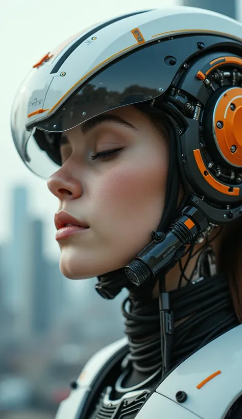 The image is a close-up portrait of a young womans face and upper body. She is wearing a futuristic helmet with orange and black accents. The helmet is made up of various electronic components, including wires, cables, and gears. The womans eyes are closed...