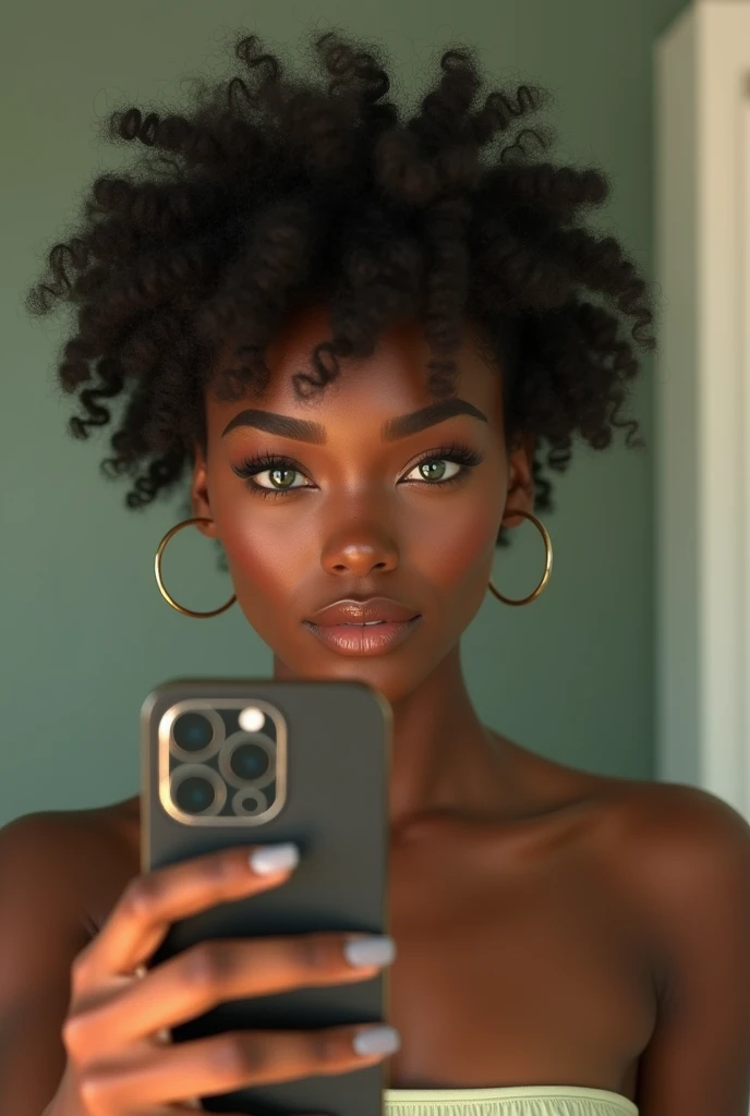 "Image ultra-réaliste dune belle fille afro-américaine de 25 ans, ,Écorce de caramel, corps parfait, Prendre un selfie dans la salle de bain avec son iPhone 14, maigre, taille ultra-fine, cheveux noirs, Cheveux courts bouclés africains , yeux verts perçant...