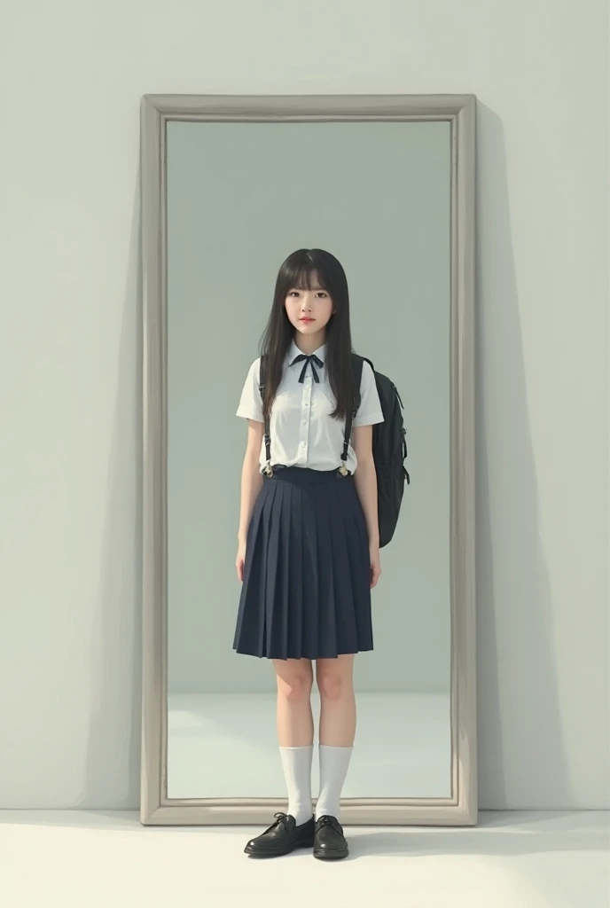  I need an image with a student in her uniform and backpack ,  looking at the camera , while her image is being reflected in a mirror ,  full body 