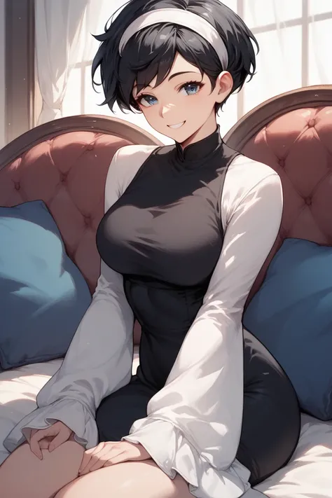  1woman, blue eyes, short black pixie style hair, black dress, white headband,Black hair,Anime style,  White long sleeve ,Smiling, sitting ,curvy body,Happy