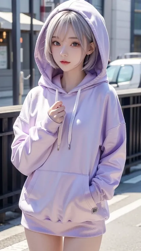   anime girl , White short hair,  purple eyes,  HOODIE, pc, streamer, vtuber,  street style