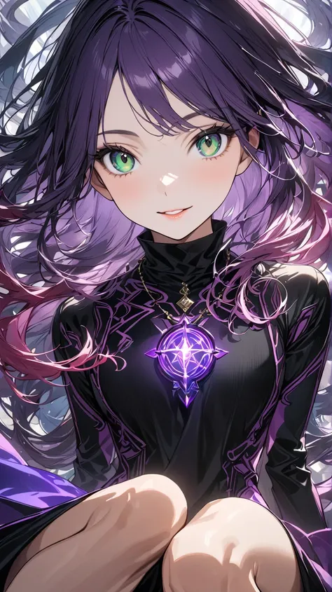 A 28-year-old woman with dark purple hair from The Dark Magician, smile,  has dark green eyes and long, narrow pupils(1.8), Im walking through a dark castle in a fantasy world,  flying in a red convertible , 髪型はchestまでの長いストレートで毛先が軽く巻かれている。
Eyebrows/eyelash...