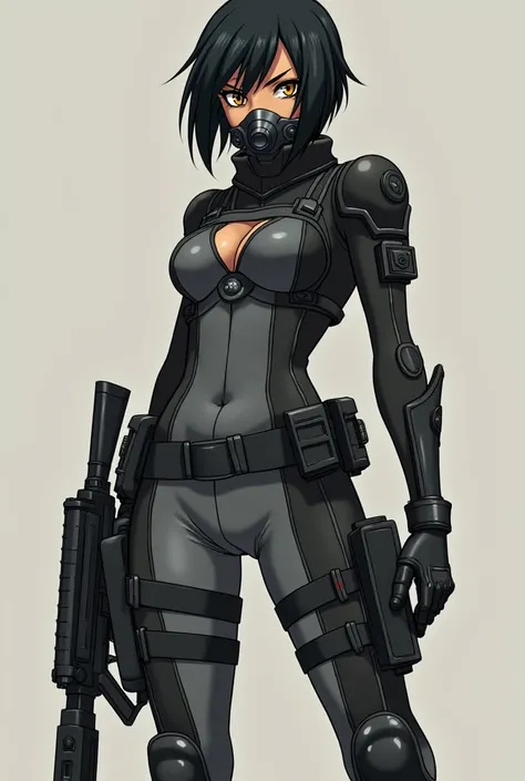 The image should be in the art style of the anime: Code Geass. Create a beautiful female vigilante. Shes Navajo and has short black hair, tan-bronze skin, and amber eyes. I want her to be dressed in a gray tactical suit with black armored adjacent, a black...