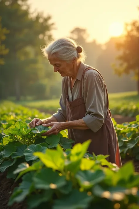 A serene garden in a rural setting with rows of lush green eggplant plants. The elderly woman is seen tending to the plants, carefully examining the growing eggplants. The atmosphere is calm with warm, golden sunlight filtering through."
