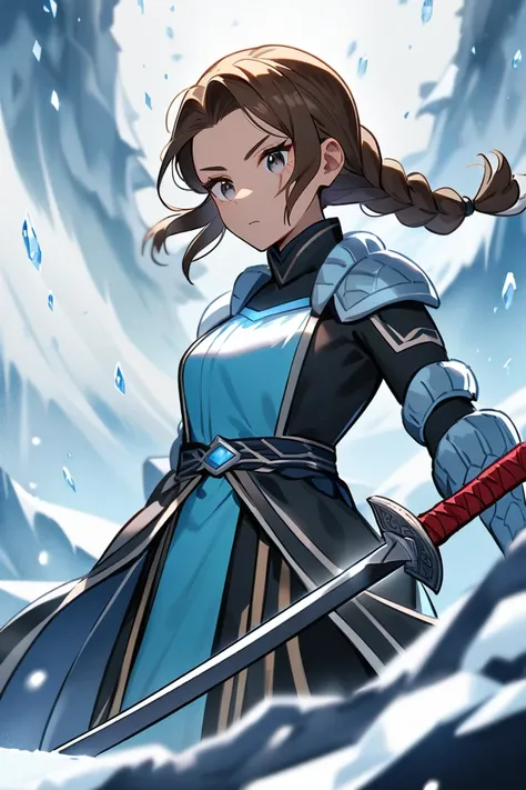 in an anime style:  A 30-year-old female warrior from the ice kingdom , light skin,  with brown hair ,  black eyes, the hair tied in braids ,  with shaved sides and a discreet scar on her cheek .  She wears light armor with a modern blue and black design r...