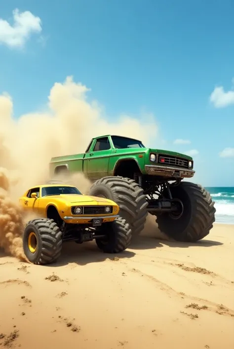 Small yellow Monster Truck and large green Monster Truck competing in a race on the beach