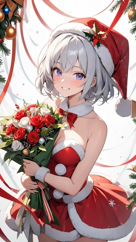  1 girl, solo, smile,  shortcuts,  high definition, masterpiece,  textured skin , Silver Hair, Beauty,fine,bright, slender,Aperture F1.2,Head to waist, sexy,Fair skin, Christmas Costumes ,bright色, no background,bouquet,Celebration