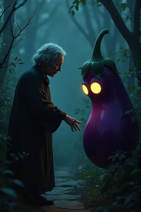 "A dark, eerie night scene in a garden with an elderly woman reaching for an eggplant. The eggplant has large, glowing eyes that seem to stare directly at her, creating a sense of horror. The background is shadowy, enhancing the unsettling mood."