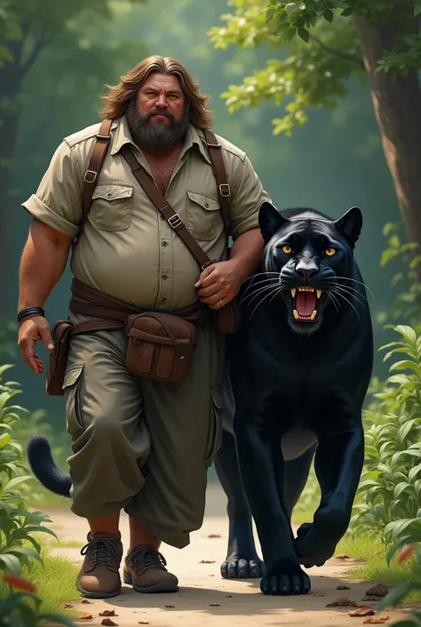 the long-haired fat man walked slowly with the panther