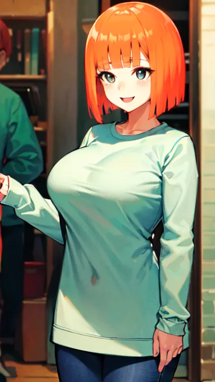 yoru mac,  shorthair , bangs,  dark eyes, blunt bangs,  orange hair ,  bob cut from the front,  shirt,  Long Sleeve , pants, sweater, Big Breasts, smile