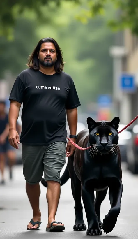 fat Javanese man wearing a black t-shirt that says CUMA EDITAN, long straight hair parted in the middle, shorts and flip-flops, carrying a scary panther for a walk on a leash on the street, in the shape of a panther, black panther, subject: scary panther, ...