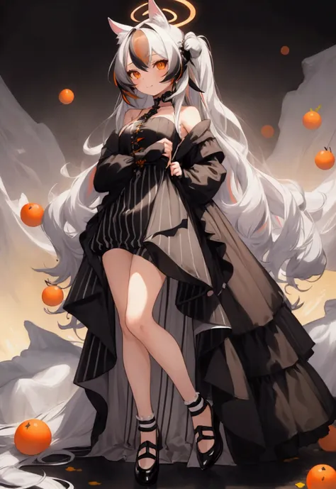 (masterpiece,  best quality ),  1girl, cocoons,  Long hair ,  orange eyes ,  grey hair, bang,  multicolored hair , striped hair , animal ears, halo, black dress, Striped dress, vertical-Striped dress,  pelvic curtain , white skirt, black jacket,  long slee...