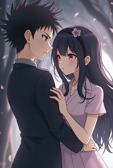 fushiguro_megumi, 1boy,  black hair, spiked hair, black eyes,
1girl, suzune horikita, long hair, black hair, (red eyes:1.3), hair ribbon, braid,