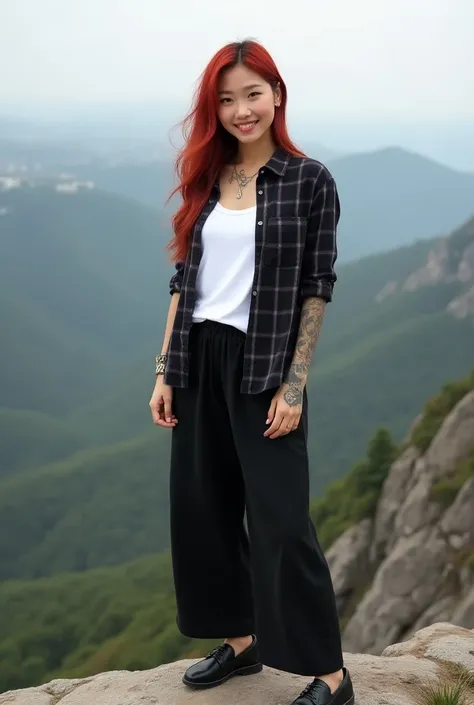 A beautifull tattooed girl from Korea, 27 years old, wearing a white t-shirt covered with a black checkered shirt and long black torn trousers, black shoes, standing proudly on a rocky cliff, facing the camera with a friendly smiling face, wide landscape.r...