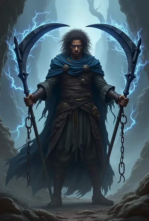 A brown skinned man with curly hair and a shadow cloak and two sythes with chains at the end with electric aura 