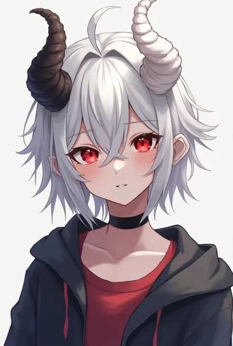 White-haired brunette teen with a black tuft with two big horns, one white and the other black, y red-eyed animé style  