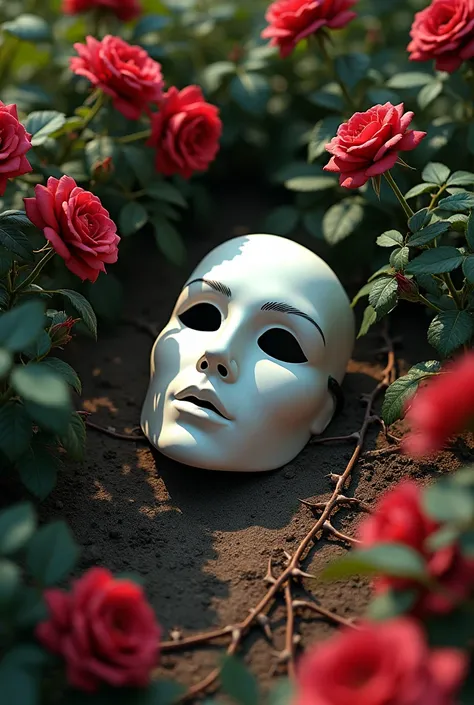 A white mask on the floor in a garden with roses with thorns