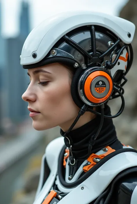 The image is a close-up portrait of a young womans face and upper body. She is wearing a futuristic helmet with orange and black accents. The helmet is made up of various electronic components, including wires, cables, and gears. The womans eyes are closed...