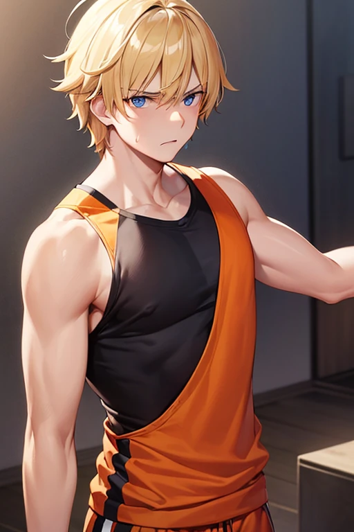 Young man of twenty years old ,  disheveled blonde hair  ,  big expressive dark blue eyes , Athletic body ,  black sleeveless t-shirt without print  ,  open front orange jacket  , orange sweatpants  , bandages on the arms  ,  upper half of the body  ,  loo...