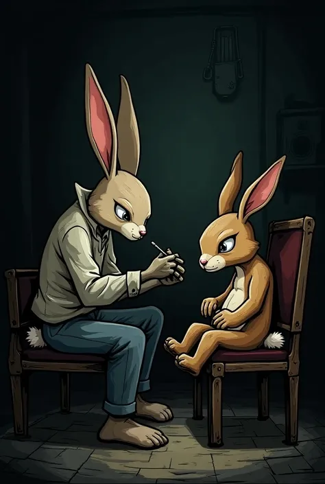 Rabbit tattooing another rabbit, estilo dark cartoon