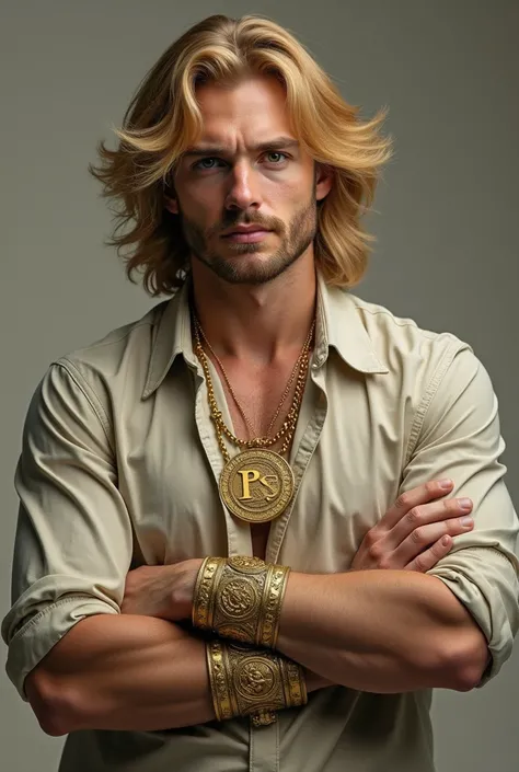 A studious man with golden hair with bracelets and necklace with all the elements of the periodic table 