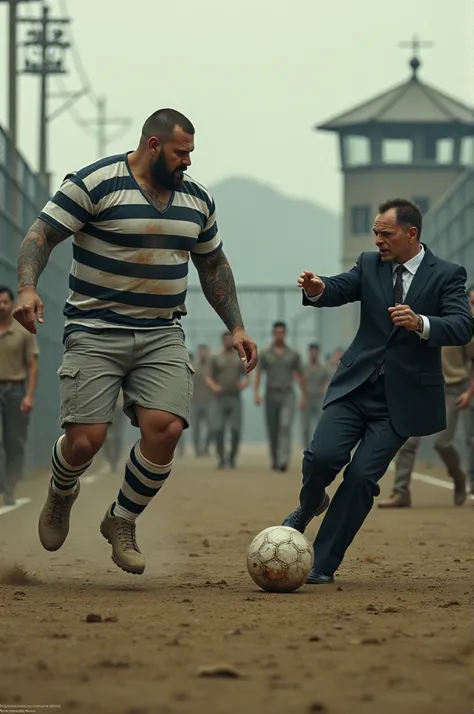  Heres the prompt with the man kicking the ball in the prison directors face:

> The Man de dois metros de altura,  muscular and covered in tattoos ,  wearing his striped prison shirt and pants ,  run towards the ball on the makeshift field inside the pris...