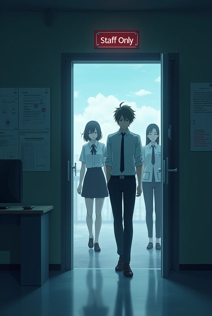 Create an image in the style of Makoto Shinkai A room with a sign on the door that says "Staff Only," showing staff members entering.