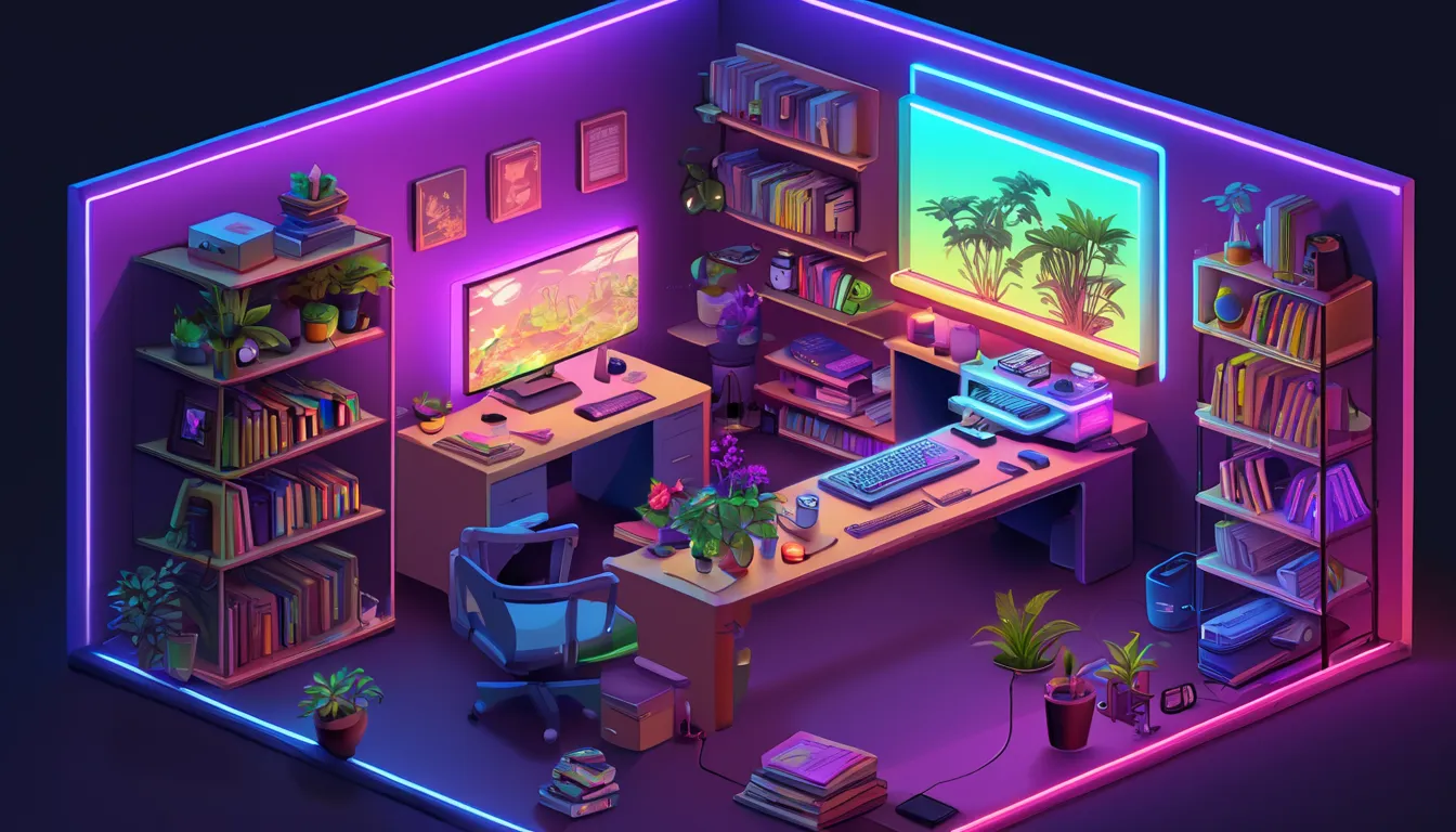 ((masterpiece,  best quality)),  high definition ,  very detailed,  realistic, break, isometric neon, indoor,  gradation, books,...