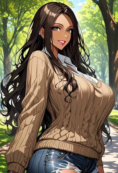 solo, female, long hair, dark brown hair, light skin, brown eyes, side tail hair, huge breasts, sweater, torn jeans, close up, smile, jewelry, day, park, curvaceous, gyaru, neat, intelligent