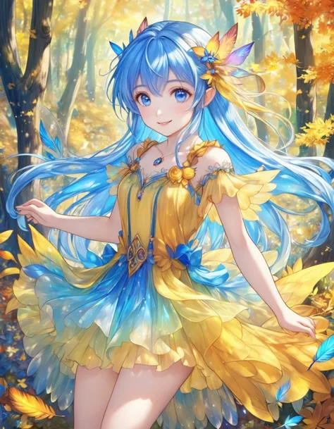 fairy girl with blue hair and blue eyes and yellow dress、smile、In the bright autumn forest、beautiful fairy , Rainbow-colored transparent feathers、 A lot of little elves are flying too 、美しいIn the bright autumn forest、 Anime Fantasy Artwork ,  Beautiful fant...