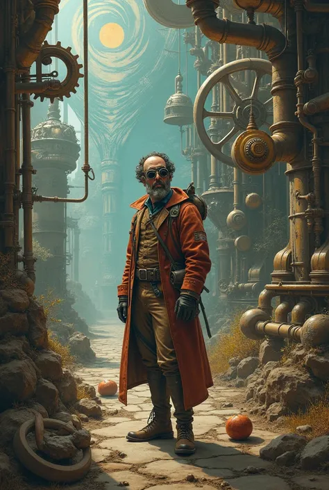 A steampunk-style illustration capturing the concept of human imagination transitioning from linear historical thought to abstract digital synthesis